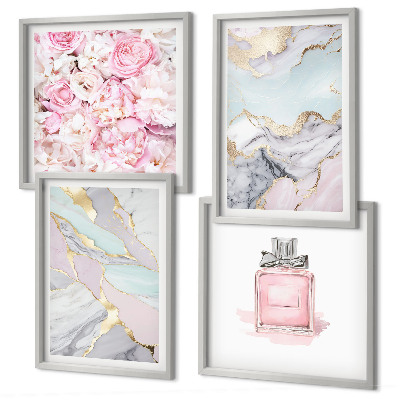 Polyptyque z cadres Fleurs roses, pastel marbré
