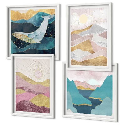 Ensemble de 4 tableaux Montagnes abstraites soleil