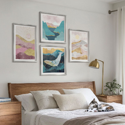 Ensemble de 4 tableaux Montagnes abstraites soleil