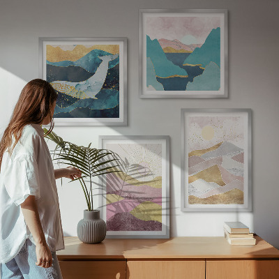 Ensemble de 4 tableaux Montagnes abstraites soleil