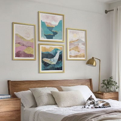 Ensemble de 4 tableaux Montagnes abstraites soleil