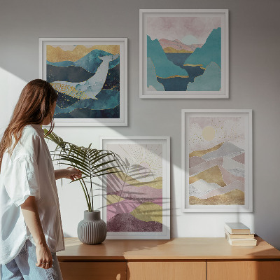 Ensemble de 4 tableaux Montagnes abstraites soleil