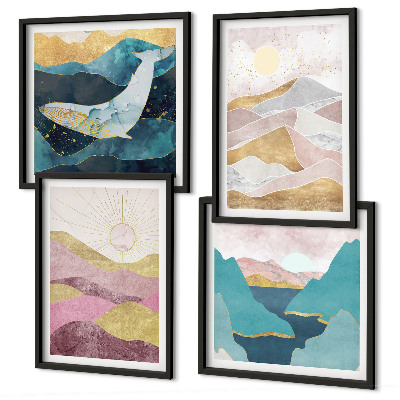 Ensemble de 4 tableaux Montagnes abstraites soleil