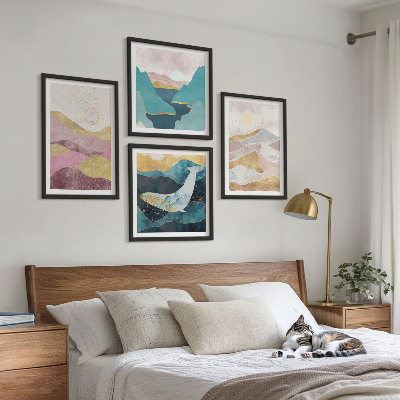 Ensemble de 4 tableaux Montagnes abstraites soleil