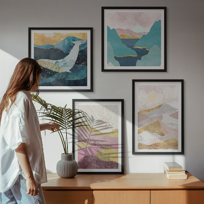Ensemble de 4 tableaux Montagnes abstraites soleil