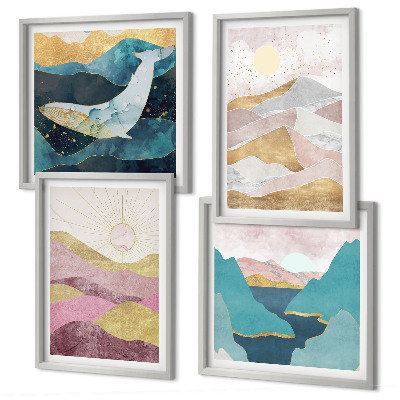 Ensemble de 4 tableaux Montagnes abstraites soleil