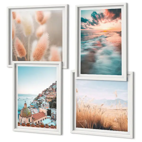 Mur de tableaux coucher de soleil sur la mer avec maisons et fleurs