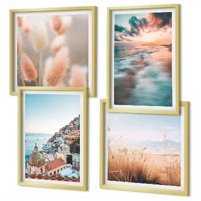 Mur de tableaux coucher de soleil sur la mer avec maisons et fleurs