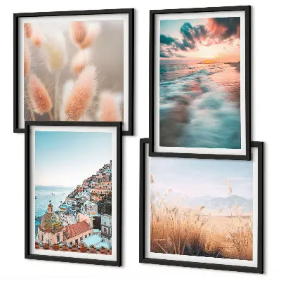 Mur de tableaux coucher de soleil sur la mer avec maisons et fleurs