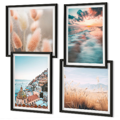 Mur de tableaux Coucher de soleil sur la mer, maisons et fleurs