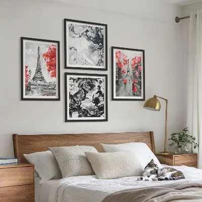 Ensemble de 4 tableaux peintures représentant la tour Eiffel dans des tons gris