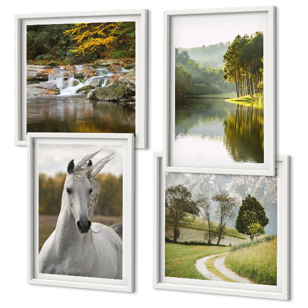 Ensemble de 4 tableaux Chevaux blancs nature de la rivière