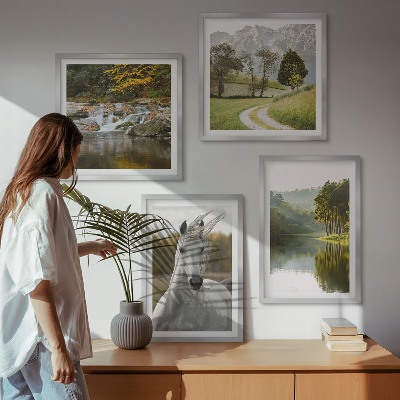 Ensemble de 4 tableaux Chevaux blancs nature de la rivière