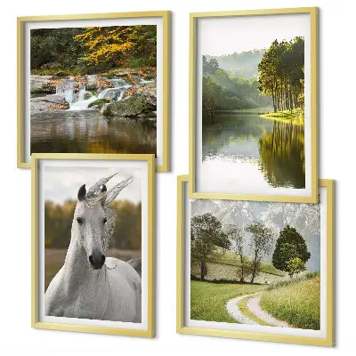 Ensemble de 4 tableaux représentant des chevaux blancs dans une rivière