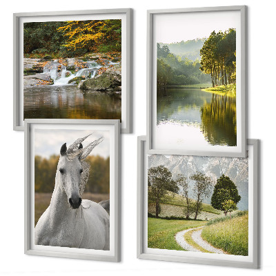 Ensemble de 4 tableaux Chevaux blancs nature de la rivière