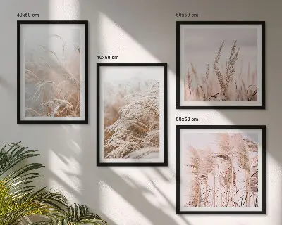Ensemble de 4 tableaux représentant des champs d'herbe dans des tons de brun et de beige