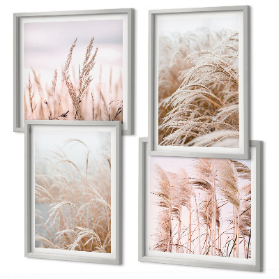 Ensemble de 4 tableaux Des champs d'herbe dans des tons de brun et de beige