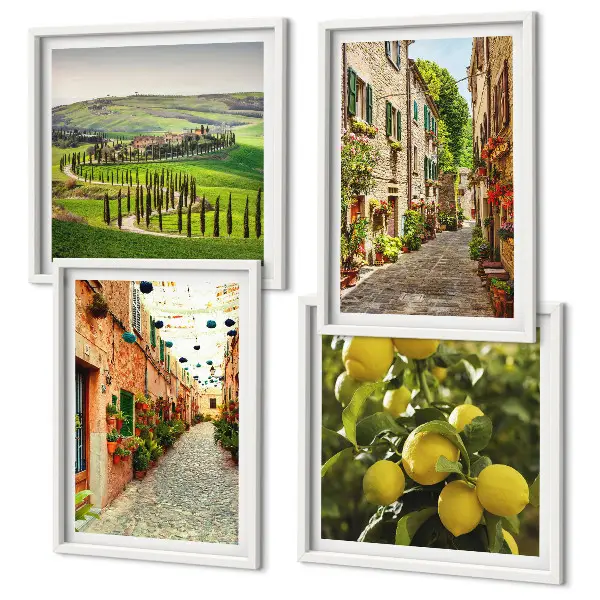 Ensemble de 4 tableaux représentant de charmantes rues bordées de citronniers en fleurs