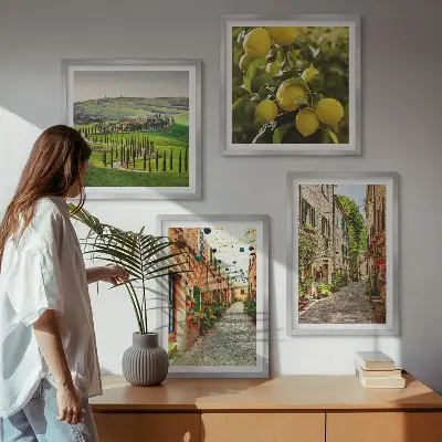 Ensemble de 4 tableaux représentant de charmantes rues bordées de citronniers en fleurs