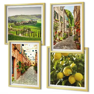Ensemble de 4 tableaux représentant de charmantes rues bordées de citronniers en fleurs