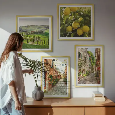 Ensemble de 4 tableaux représentant de charmantes rues bordées de citronniers en fleurs