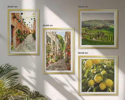 Ensemble de 4 tableaux représentant de charmantes rues bordées de citronniers en fleurs