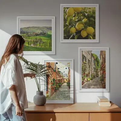 Ensemble de 4 tableaux représentant de charmantes rues bordées de citronniers en fleurs