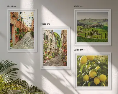 Ensemble de 4 tableaux représentant de charmantes rues bordées de citronniers en fleurs