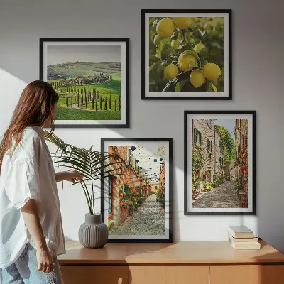 Ensemble de 4 tableaux représentant de charmantes rues bordées de citronniers en fleurs