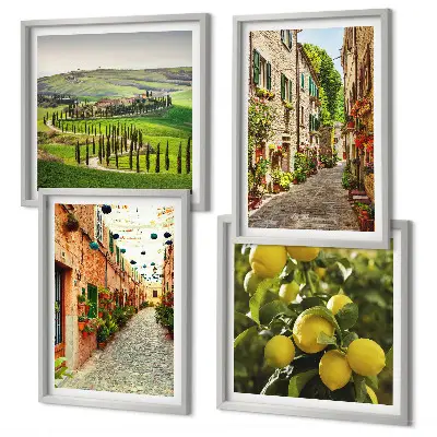 Ensemble de 4 tableaux représentant de charmantes rues bordées de citronniers en fleurs