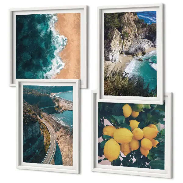Tableau polyptyque 2 cadres représentant une plage de mer avec des citrons et des montagnes