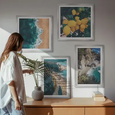 Tableau polyptyque 2 cadres représentant une plage de mer avec des citrons et des montagnes