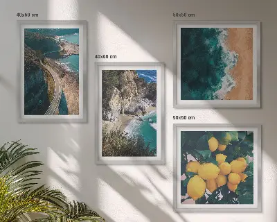 Tableau polyptyque 2 cadres représentant une plage de mer avec des citrons et des montagnes