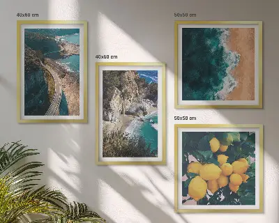 Tableau polyptyque 2 cadres représentant une plage de mer avec des citrons et des montagnes