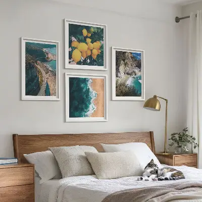 Tableau polyptyque 2 cadres représentant une plage de mer avec des citrons et des montagnes