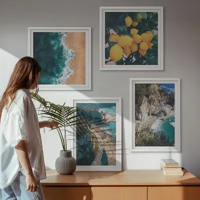 Tableau polyptyque 2 cadres représentant une plage de mer avec des citrons et des montagnes