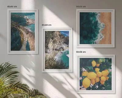 Tableau polyptyque 2 cadres représentant une plage de mer avec des citrons et des montagnes