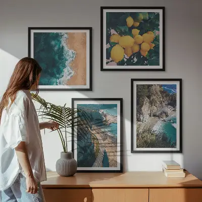 Tableau polyptyque 2 cadres représentant une plage de mer avec des citrons et des montagnes
