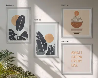 Ensemble de 4 tableaux motifs végétaux avec grands soleils minimalistes
