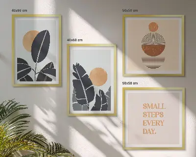 Ensemble de 4 tableaux motifs végétaux avec grands soleils minimalistes