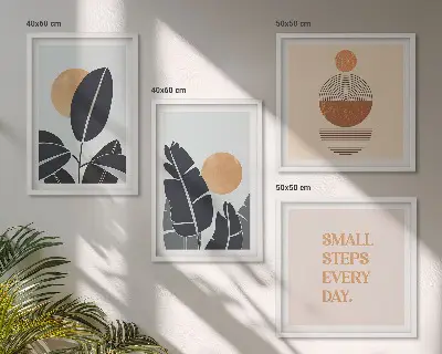 Ensemble de 4 tableaux motifs végétaux avec grands soleils minimalistes
