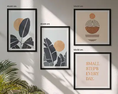 Ensemble de 4 tableaux motifs végétaux avec grands soleils minimalistes