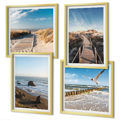 Ensemble de 4 tableaux Vagues de plage promenade sur la jetée céleste