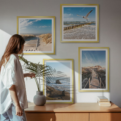 Ensemble de 4 tableaux Vagues de plage promenade sur la jetée céleste