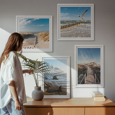 Ensemble de 4 tableaux Vagues de plage promenade sur la jetée céleste