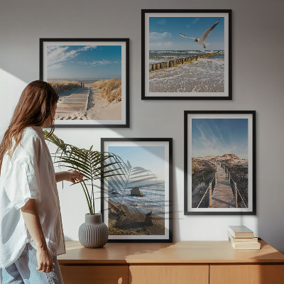 Ensemble de 4 tableaux Vagues de plage promenade sur la jetée céleste