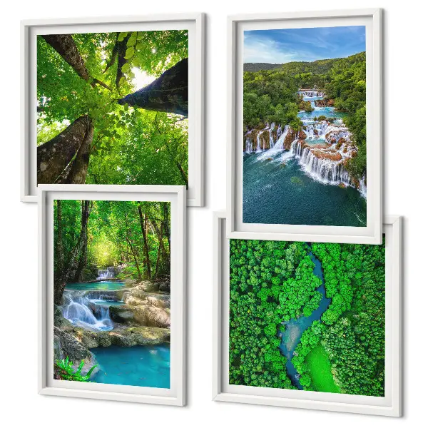 Mur de tableaux cascades d'eau en forêt verte