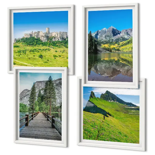 Ensemble de 4 tableaux représentant des collines verdoyantes avec un château