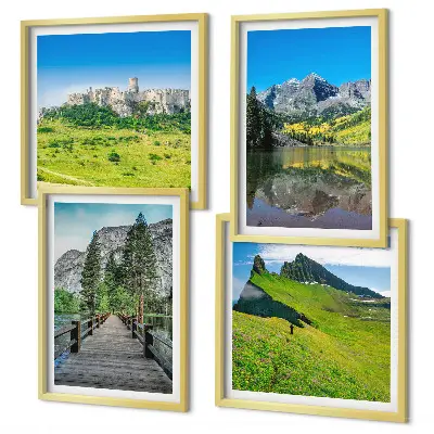 Ensemble de 4 tableaux représentant des collines verdoyantes avec un château