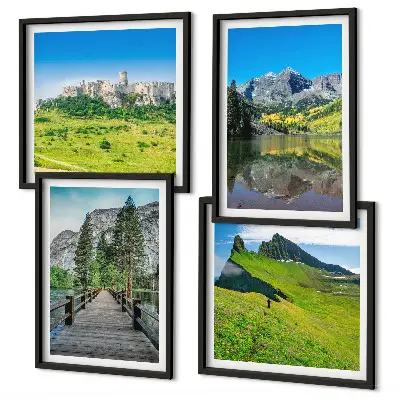 Ensemble de 4 tableaux représentant des collines verdoyantes avec un château